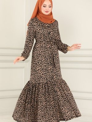 Çıtır Leopar Düğme Detaylı Helen Elbise