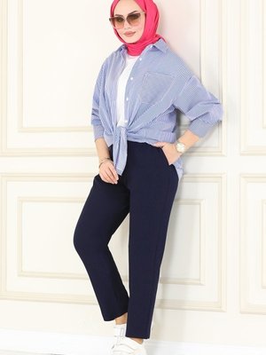 Lacivert Beli Lastikli Havuç Pantolon Lacivert Beli Lastikli Havuç Pantolon