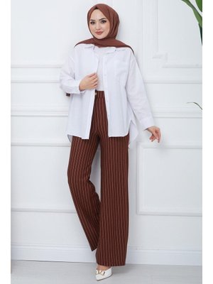 Kahverengi Çizgili Bol Paça Krep Pantolon
