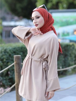 Bel Büzgülü İkili Takım Bej Bel Büzgülü İkili Takım Bej