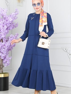 İndigo Dikiş Detaylı Elbise