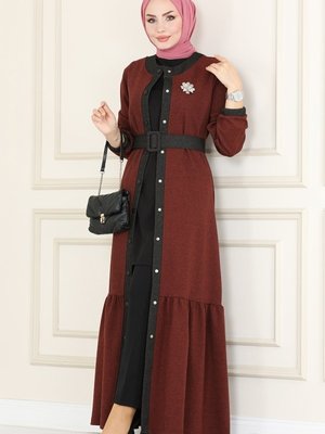 Tarçın Eteği Fırfırlı Kışlık Elbise & Ferace