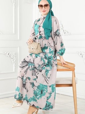 Yeşil Gizli Düğmeli Keten Elbise