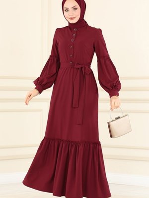 Bordo Eteği Katlı Elbise Bordo Eteği Katlı Elbise