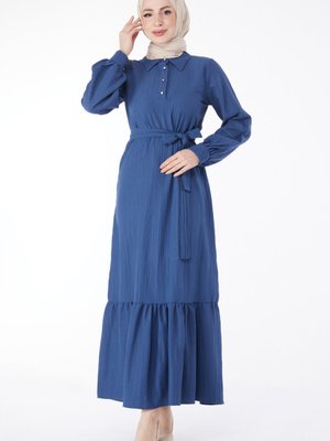 Düz Yaka İndigo Kuşaklı Gömlek Elbise