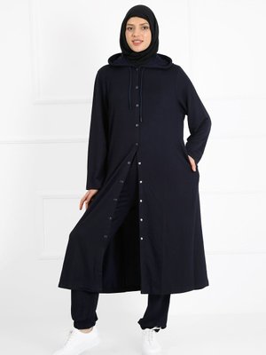 Iki Iplik Lacivert Renk Kapüşonlu Cepli Çıt Kapamalı Büyük Beden Takım