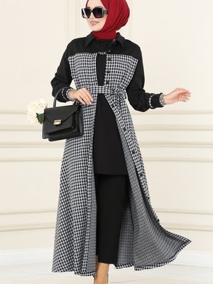 Siyah & Gri Kazayağı Desenli Kışlık Elbise & Ferace