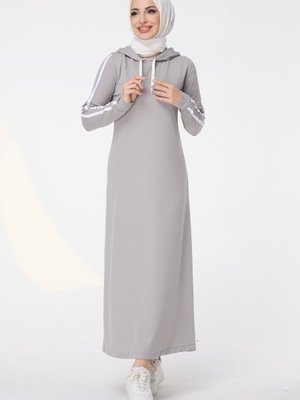 Grı Kolları Çizgili Kapüşonlu Spor Elbise Grı Kolları Çizgili Kapüşonlu Spor Elbise