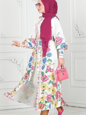 Ekru Renkli Çiçekli Atlas Elbise Ekru Renkli Çiçekli Atlas Elbise