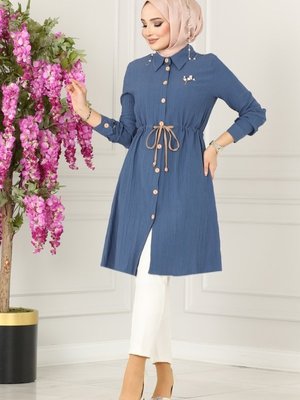 İndigo Beli Tünelli Düğmeli Tunik İndigo Beli Tünelli Düğmeli Tunik