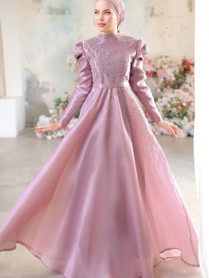 Lila Sual Taş İşlemeli Organze Abiye Elbise