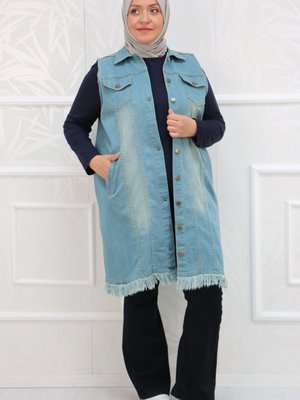 Büyük Beden Taşlı Tırnaklı Püsküllü Kot Yelek Soğuk Mavi