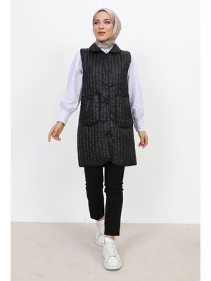 Siyah Bebe Yaka Kapitone Yelek