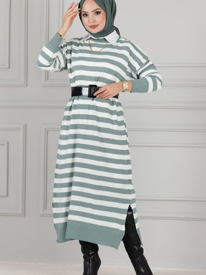 Mint Çizgili Triko Elbise