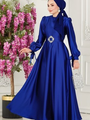 Saks Sual Manşeti Bağlamalı Saten Abiye Elbise