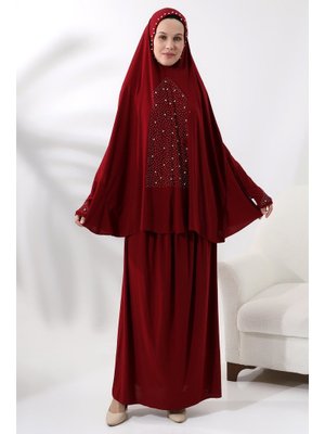 Bordo İki Parça İncili Taşlı Alt Üst Pratik Namaz Elbisesi