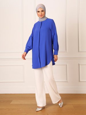 Koyu Saks Gizli Düğmeli Balon Kol Aerobin Tunik