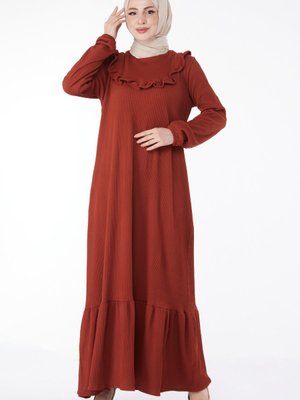 Düz Bisiklet Yaka Kiremit Fırfırlı Elbise