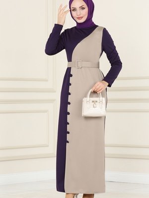 Mor & Vizyon Çift Renkli Kalem Elbise