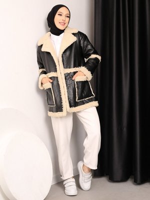 Siyah Kürklü Cepli Deri Mont