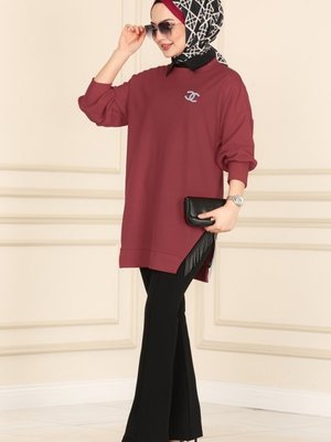 Koyu Gül Kurusu Zincir Detaylı Tesettür Tunik