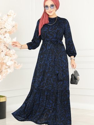 Lacivert Eteği Fırfırlı Helen Elbise