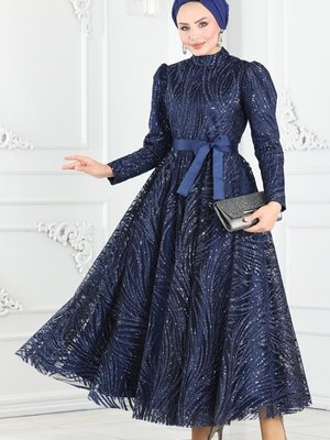 Lacivert Işıltılı Simli Tül Abiye Elbise