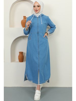 Mavi Cep Detaylı Kapüşonlu Kot Kap Mavi Cep Detaylı Kapüşonlu Kot Kap