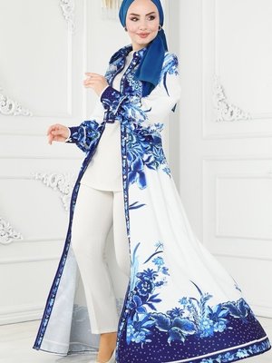 Saks Kaplama Kemerli Atlas Elbise