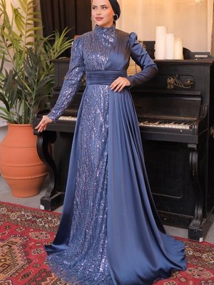 İndigo Drapeli Saten Abiye Elbise