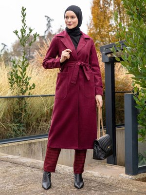 Kemerli Kaşe Kaban Bordo
