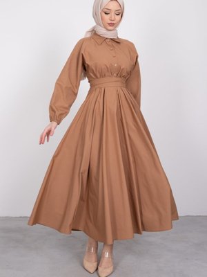 Yaka Düğmeli Kloş Gömlek Elbise