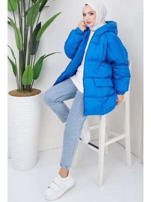 Mavi Kapüşonlu Oversize Şişme Mont