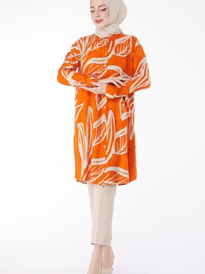 Düz Gömlek Yaka Oranj Desenli Tunik