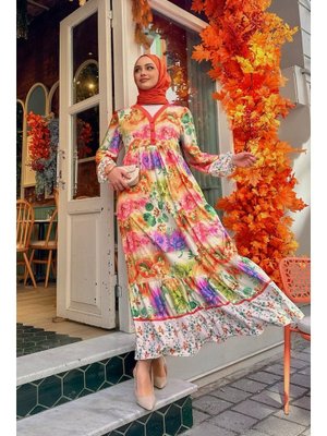 Turuncu Alaçatı Desenli Elbise