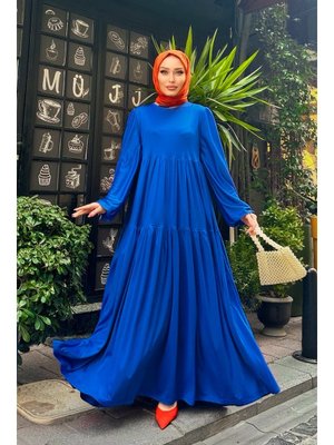 Saks Mavisı Düz Kat Kat Elbise