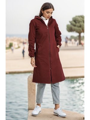 Bordo Kapüşonlu Fermuarlı Kot Kap Bordo Kapüşonlu Fermuarlı Kot Kap