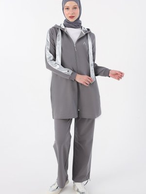Gri Parlak Garni Kumaşlı Fermuarlı Eşofman Takım