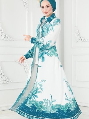 Mint Kaplama Kemerli Atlas Elbise