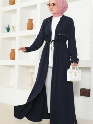 Lacivert Kuşgözü Detaylı Medine İpeği Ferace