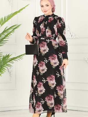 Siyah Çiçek Desenli Şifon Elbise