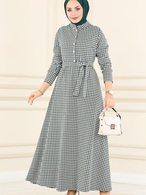 Zümrüt & Ekru Yarım Düğmeli Kışlık Elbise