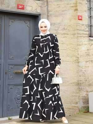 Kadın Yazlık Tesettür Önü Düğmeli Desenli Dokuma Viskon Şık Elbise Kadın Yazlık Tesettür Önü Düğmeli Desenli Dokuma Viskon Şık Elbise