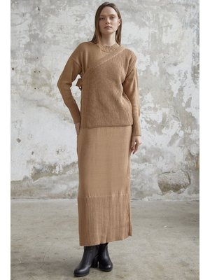 Camel Bağlamalı Süveterli Triko Elbise