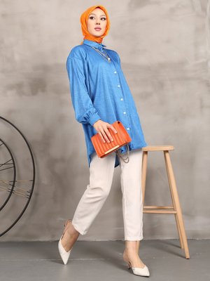 Mavi Pliseli Örme Gömlek