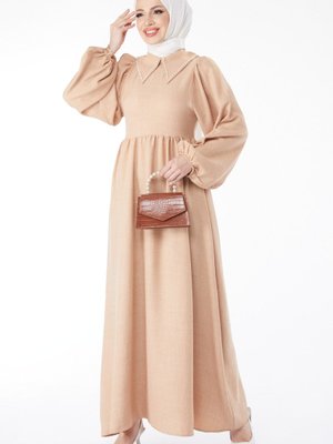 Vızon Yakası Taşlı Balon Kol Elbise Vızon Yakası Taşlı Balon Kol Elbise