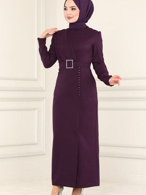 Mor Aksesuar Düğmeli Krep Elbise Mor Aksesuar Düğmeli Krep Elbise