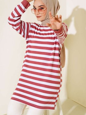 Moda Neva Terletmeyen Ince Kumaş Yazlık Kalın Çizgili Bordo Tunik