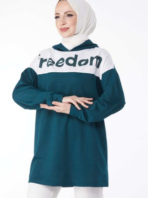 Düz Yaka Zümrüt Baskılı Kapüşonlu Sweatshirt