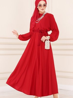 Kırmızı Beli Lastikli Scuba Elbise Kırmızı Beli Lastikli Scuba Elbise